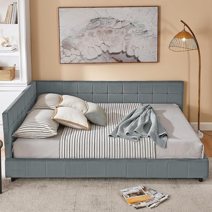 Bellemave Queen Size Corner Bed Frame with Comfortable Backrest and Armrests, Velvet Tufted Corner Bed Frame Queen Size, Upholstered Daybed for Bedroom, Living Room, Guest Room, Gary