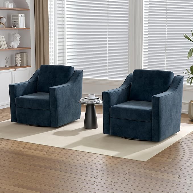 Swivel Accent Chairs Set of 2, 360° Swivel Upholstered Club Armchairs for Living Room, Comfy Single Sofa Reading Chair with Deep Seat, Metal Swivel Base, Chenille Fabric, Navy