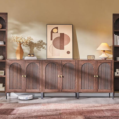 IFGET Modern Buffet Cabinet with Storage, 92.63" W Fluted Arched Sideboard Cabinet w/Adjustable Shelves, Wooden Modular Coffee Bar for Dining Room, Kitchen, Living Room, Entryway, Brown