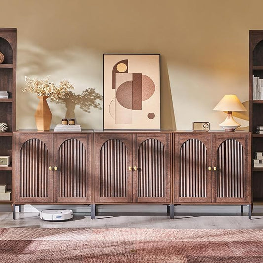 IFGET Modern Buffet Cabinet with Storage, 92.63" W Fluted Arched Sideboard Cabinet w/Adjustable Shelves, Wooden Modular Coffee Bar for Dining Room, Kitchen, Living Room, Entryway, Brown