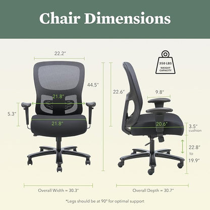 HON Sadie Big and Tall Ergonomic Office Chair with Mesh Back, Adjustable Lumbar Support and Arms, High Back Desk and Computer Chair for Home Office or Workstation, 350 lb. Weight Capacity, Black