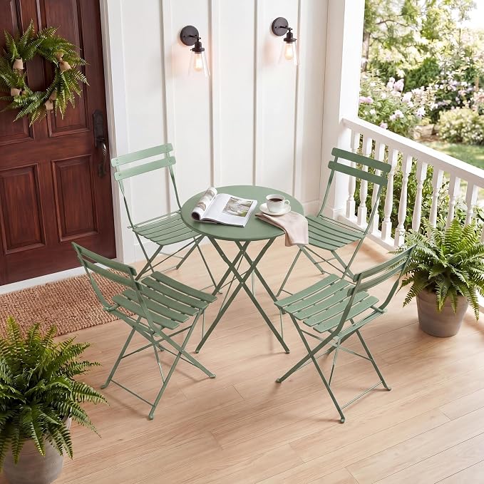 Bistro Table and Chairs Set of 4, 5 Piece Outdoor/Indoor Folding Patio Bistro Sets, 4 Chair Patio Furniture Set with Table, Premium Frame Foldable Coffee Tables for Balcony, Yard, Garden, Green