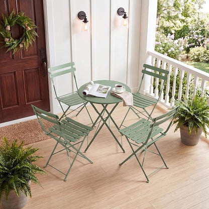 Bistro Table and Chairs Set of 4, 5 Piece Outdoor/Indoor Folding Patio Bistro Sets, 4 Chair Patio Furniture Set with Table, Premium Frame Foldable Coffee Tables for Balcony, Yard, Garden, Green