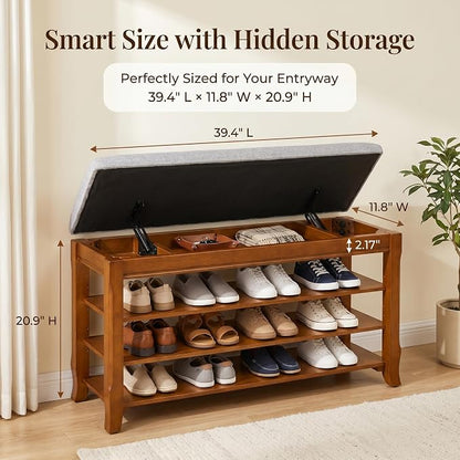 SolidWood Entryway Shoe Storage Bench, Flip-Top Soft-Close Lid, Adjustable Shelves, Cushioned Entryway Shoe Rack Organizer,Hallway, Closet, Foyer 39.4''