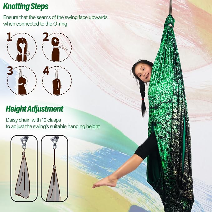 Sensory Swing for Kids & Adults Holds up to 300lbs Indoor & Outdoor Double Layer Therapy Cuddle Swing with 360° Swivel Hanger Kit for Calming, Effect for Autism, ADHD or SPD. (Crystal Green)