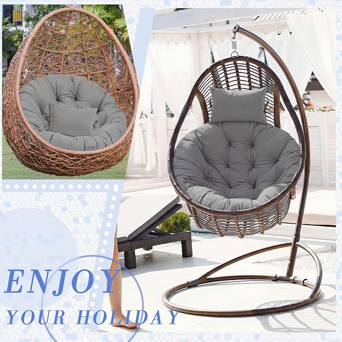 Tudomro Gray Egg Chair Cushion Hanging Basket Chair Replacement 45x45 Hammock Basket Swing Waterproof Cushion Hanging Swing Pads with Headrest for Indoor Outdoor Porch Backyard Patio Garden