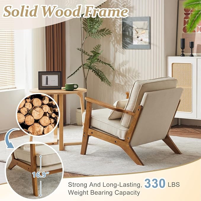 VINGLI Solid Wood Wide Armrests Accent Chair Set of 2,Upholstered Mid Century Modern Chair with Pillow,Farmhouse Arm Chair Comfy Reading Chair,Chairs Living Room,Bedroom,Guest Room,Linen Fabric,Beige
