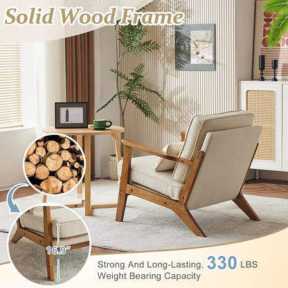 VINGLI Solid Wood Wide Armrests Accent Chair Set of 2,Upholstered Mid Century Modern Chair with Pillow,Farmhouse Arm Chair Comfy Reading Chair,Chairs Living Room,Bedroom,Guest Room,Linen Fabric,Beige