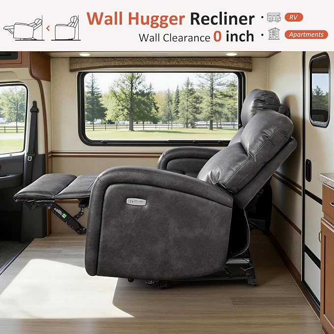 MCombo Zero Wall Recliner Loveseat, 2-Seat Power Wall Hugger Sofa with USB & Type-C Charge Ports, for Small Space Living Room RV, Faux Leather PR646 (Dark Grey, Loveseat)