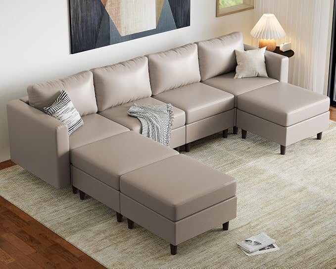 ABCASA Faux Leather Modular Sectional Sofa 118.5", 7 Seater U Shaped Couch with Storage Seat with Reversible Chaise Deep Seat for Living Room Whitesand