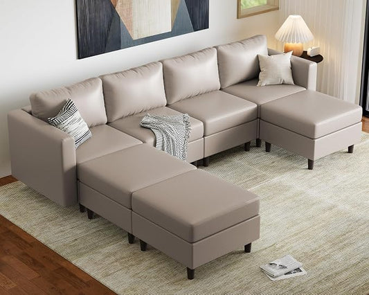ABCASA Faux Leather Modular Sectional Sofa 118.5", 7 Seater U Shaped Couch with Storage Seat with Reversible Chaise Deep Seat for Living Room Whitesand
