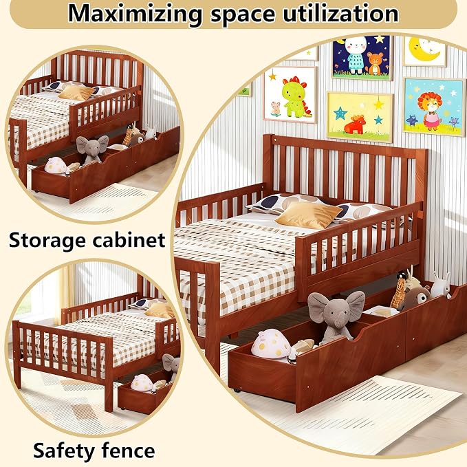 Bellemave Kids Twin Bed Frame with Fences and 2 Drawers, Twin Size Wooden Platform Bed with Guardrails on Both Sides for Boys Girls, Walnut