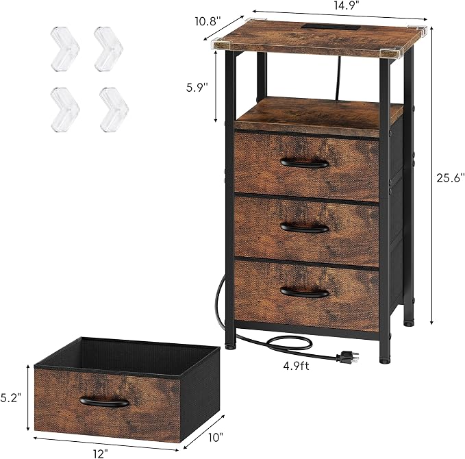 Vagusicc Night stand Set 2 with Charging Station, LED Nightstand for Bedroom, Bedside Table with 3 Fabric Drawer, End Table Side Table with USB Port & Outlets, Bed Side Table for Bedroom, Rustic Brown