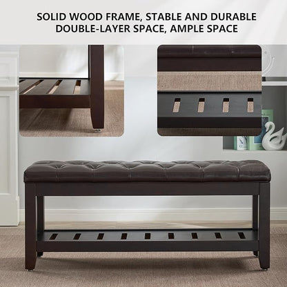 adochr PU Leather Large Rectangular Ottoman with Storage, Upholstered Entryway Bench for Living Room, Oversized Button Tufted Ottoman with Wood Shelf Storage, Dark Brown