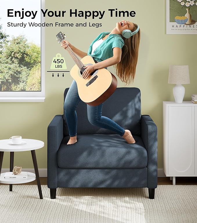 Welzona Sofa Accent Chair, 33" Reading Chair for Bedroom, Tool-Free Setup Living Room Accent Chairs, Comfy Arm Chairs Living Room, All-Wood Reading Nook, Blue Grey