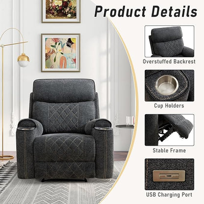 HAOMARKETS Electric Recliner Chair Set of 2, Soft Fabric Power Recliners with Metal Cup Holders, Single Overstuffed Heavy Duty Reclining Sofa Chairs for Living Room Bedroom, Dark Grey