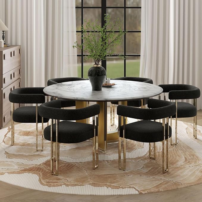 Hyfirm Set of 6 Modern Black Boucle Dining Chairs with Gold Metal Legs, Mid Century Accent Upholstered Barrel Armchairs with Open-Back for Kitchen, Dining Room, Living Room, Apartment