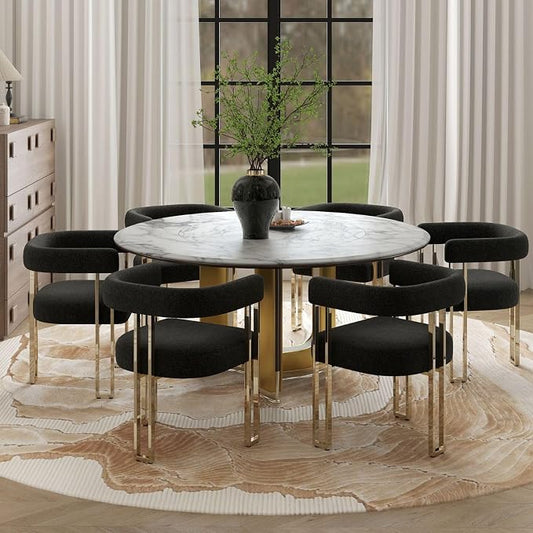 Hyfirm Set of 6 Modern Black Boucle Dining Chairs with Gold Metal Legs, Mid Century Accent Upholstered Barrel Armchairs with Open-Back for Kitchen, Dining Room, Living Room, Apartment