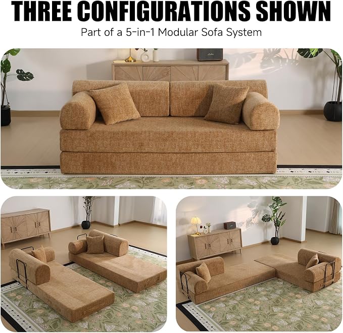 78.8" Memory Foam Boneless Couch, Corduroy Floor Sofa Bed, Convertible Sleeper Futon Loveseat, Wide Armrests & Back Support, Supports Up to 1200 lbs, Couch in a Box with 2 Pillows, Ochre