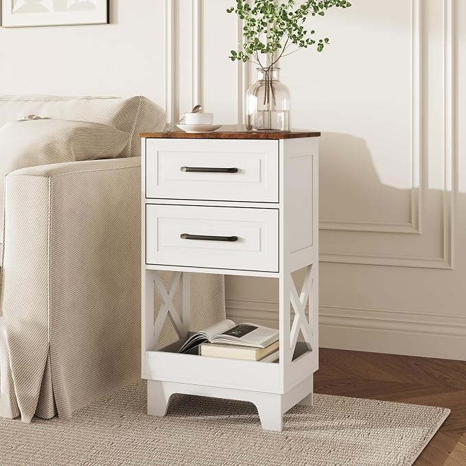 Tall Nightstand Set of 2 Side Table Modern Night Stand with 2 Drawers Wooden Rustic End Table Bedside Table with Upper Open Shelf Solid Feet for Bedroom White+Walnut