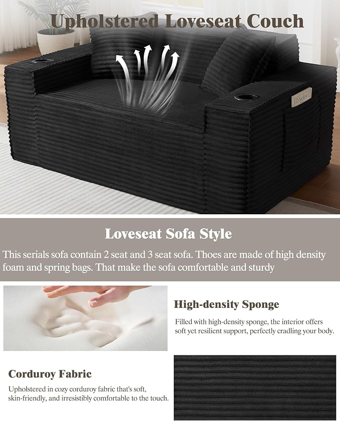 61" Boneless Sofa Couches with Cup Holder,2 Seat Loveseat Sofas with Side Pocket for Compact Living Rooms, Apartments (Black, Loveseat Sofa)