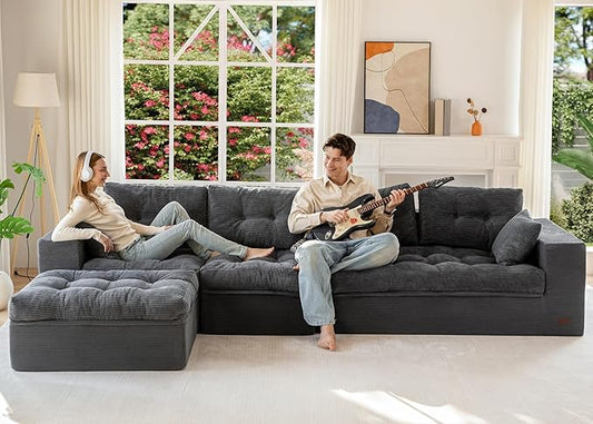 MAXYOYO 132" L Shaped Modular Sectional Sofa with Ottoman, Cloud Boneless Couch with Layered Cushion, Upholstered Sofa in a Box, Flexible Module Combination for Living Room, No Assembly, Dark Grey