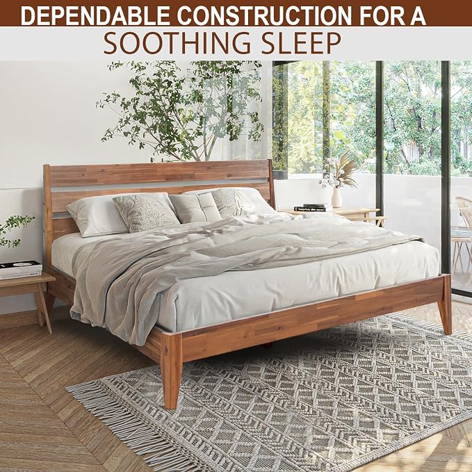 Acacia Emery Bed Frame with Headboard Solid Wood Platform Bed, Queen Size Bed Frame, Mid - Century Modern Wood Bed Compatible with All Mattresses, Easy Assembly, Non-Slip, Walnut