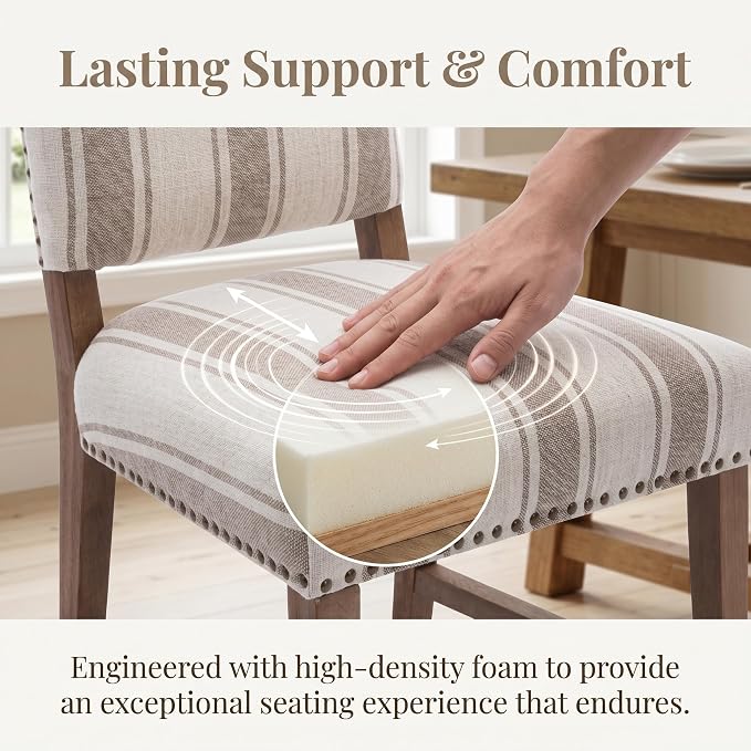 ROCITY Linen Dining Chairs Set of 6 Upholstered Farmhouse Dining Room Chairs Kitchen Side Chairs with Wooden Legs&Nailhead Trim, Beige with Brown Stripe