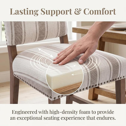 ROCITY Linen Dining Chairs Set of 2 Upholstered Farmhouse Dining Room Chairs Kitchen Side Chairs with Wooden Legs&Nailhead Trim, Beige with Brown Stripe