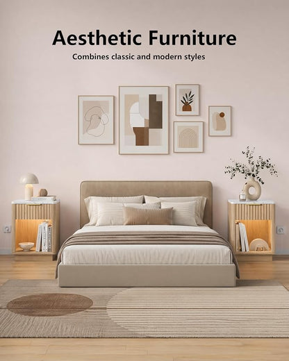 Akxomel Fluted Nightstand, Wooden Night Stand with Charging Station and LED Light, Modern Bedside Table with Drawer and Faux Marble Top, 15" D x 15.7" W x 22.6" H, for Bedroom, Natural Oak and White