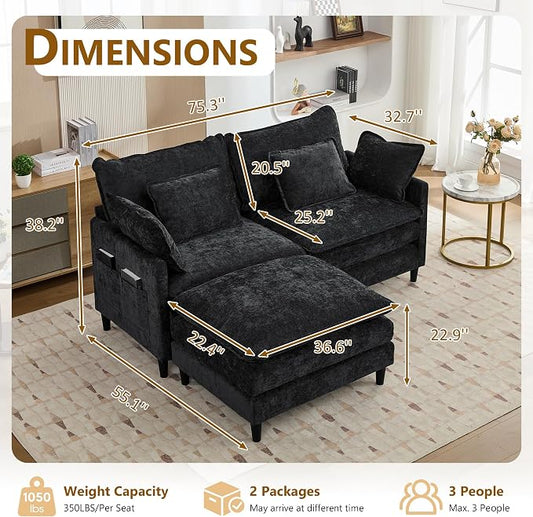 75.3" Chenille Modular Sectional Sofa, Convertible L Shaped Modular Sofa Comfy Cloud Couch with Ottoman, Side Pockets and 4 Throw Pillows for Living Room, Black, 3 Seats