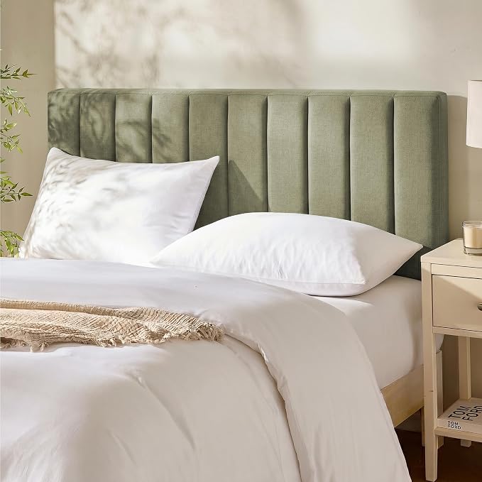 Hearth & Harbor Wall Mounted Full Headboard Only, Bed Headboard Full Size | Easy Assemble, Floating Peel & Stick, Upholstered Channel Stitched, 3D Wall Panels, 5 Strips of 3M Tape Included, Olive Green