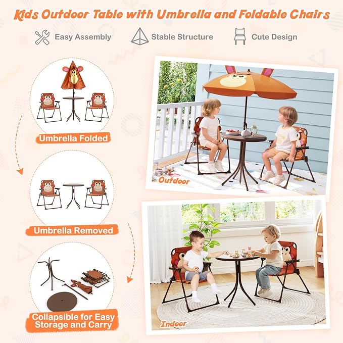HONEY JOY Kids Picnic Table, Animal Themed Toddler Outdoor Table and Chair Set, 2 Folding Chairs & Removable Umbrella, Children Outdoor Furniture for Backyard Patio Garden (Brown Monkey)