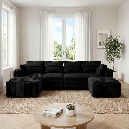 118" Modular Sectional Sofa with Chaise&Ottoman,Oversized U-Shaped Corduroy Cloud Couch, Deep Seat Boneless Couch for Living Room, No-Assembly,Black(Left Facing Chaise)