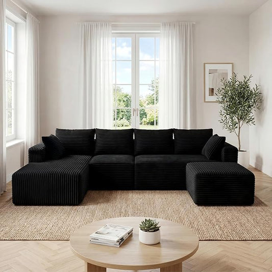 118" Modular Sectional Sofa with Chaise&Ottoman,Oversized U-Shaped Corduroy Cloud Couch, Deep Seat Boneless Couch for Living Room, No-Assembly,Black(Left Facing Chaise)