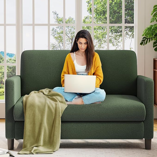 Welzona Loveseat, 51" Small Couch, Comfy Teddy Love Seat for Living Room, Tool-Free Setup Loveseat Sofa for Small Spaces, All-Wood Small Sofa Couch for Bedroom, Green