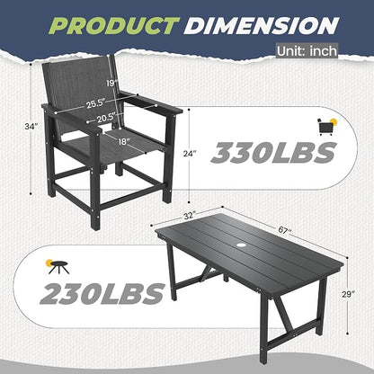 HDPE Outdoor Dining Set for 4, All-Weather Patio Furniture Table and Chair Sets with Umbrella Hole Outdoor Dining Table Sets of 4 Textilene Fabric Patio Chairs for Backyard, Poolside, Garden,Deck