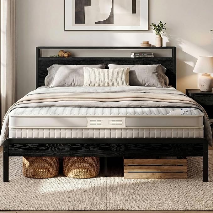 LIKIMIO Queen Bed Frame with Headboard, Dark Wood Camas Queen with Strong Supports, Sturdy, Noise-Free, No Box Spring Needed, Black