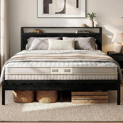 LIKIMIO Queen Bed Frame with Headboard, Dark Wood Camas Queen with Strong Supports, Sturdy, Noise-Free, No Box Spring Needed, Black