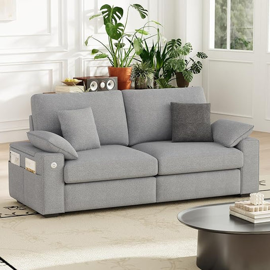 MALOL 76" Loveseat Couch, 3 Seater Upholstered Midcentury Mondern Love Seat with USB Type C Ports, 4 Pillows and Storage Armrest Cloud Foam Sofa for Living Room/Small Spaces, Grey | Breathable material