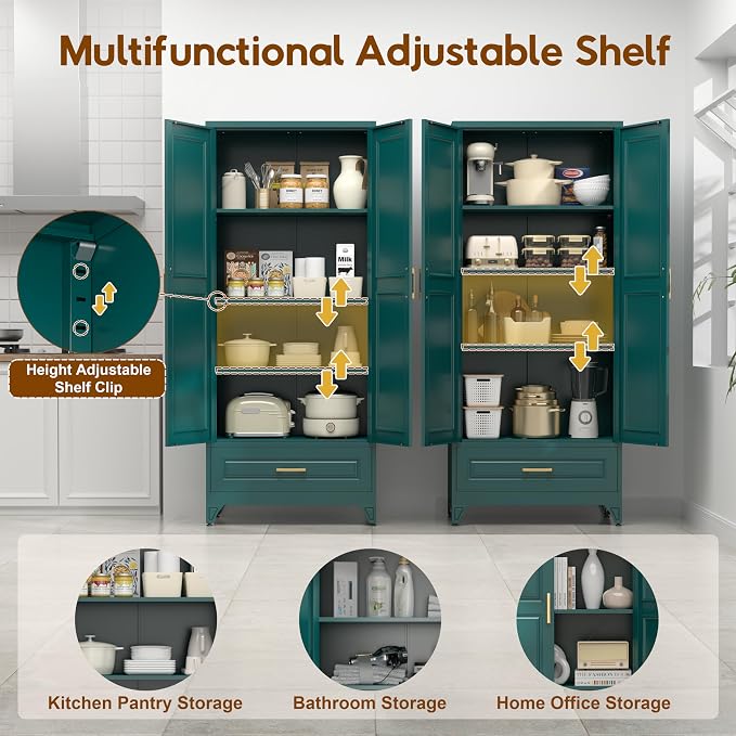 UNICOLY 75" Kitchen Pantry Cabinet with Drawer, Tall Storage Cabinet with Doors and 4 Shelves, Metal Storage Cabinets for Kitchens, Living Room, Dinning Room, Assembly Required, Green