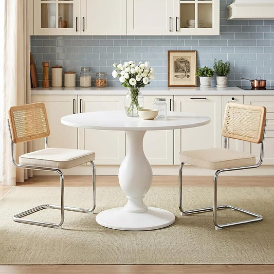 Zesthouse Natural Rattan Dining Chairs Set of 2, Mid Century Modern Dining Chairs with Solid Wood Back & Chrome Base, for Kitchen Living Room, Breuer Design Inspired, Upholstered Linen Fabric, Beige
