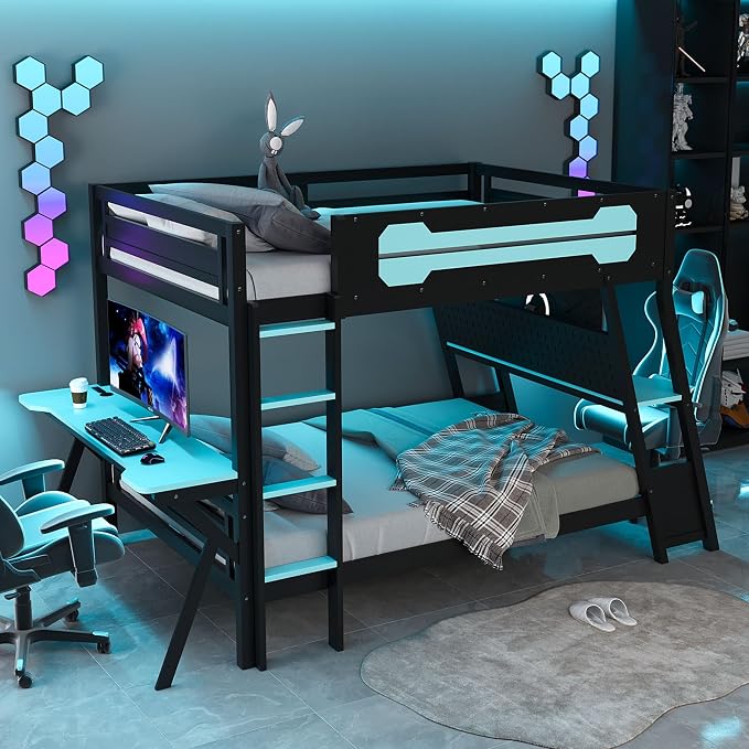 Merax Wooden Full Over Full Bunk Bed with 2 Side Desks, USB Desktop Ports and Pegboard Organizer, Gaming Bunk Bed for Gamer, Kids or Teens, No Box Spring Needed, Cloud Blue