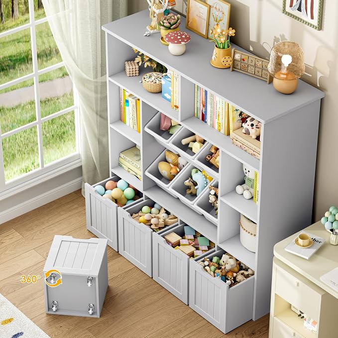 FINETONES Toy Storage Organizer with 6 Toy Bins, Toy Organizer Kids Bookshelf with 4 Movable Drawers and 6 Storage Cubbies, Toy Bins for Kids Organizer Playroom Storage for Living Room, Grey
