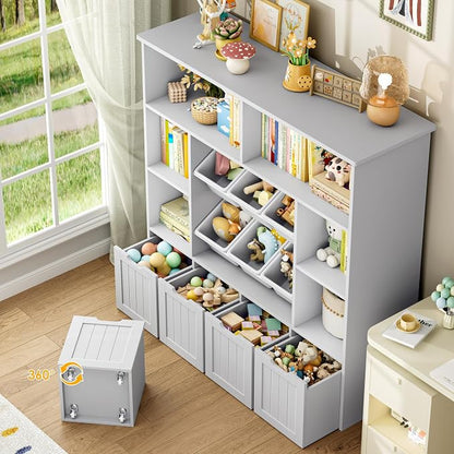 FINETONES Toy Storage Organizer with 6 Toy Bins, Toy Organizer Kids Bookshelf with 4 Movable Drawers and 6 Storage Cubbies, Toy Bins for Kids Organizer Playroom Storage for Living Room, Grey