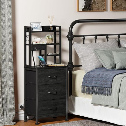 Furnulem Tall Night Stand with 3 Fabric Drawers and LED Lights, Nightstand with Bookshelf, 45.3inch Tall Bedside Tables with USB Ports in Bedroom, Dorm, Office,Metal Frame, Wood Shelves (Black Oak)