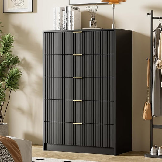 Furniway Black Dresser Bedroom Set 3 Pieces, Nightstands Sets of 2, 5 Drawer Dresser with Gold Handles for Bedroom