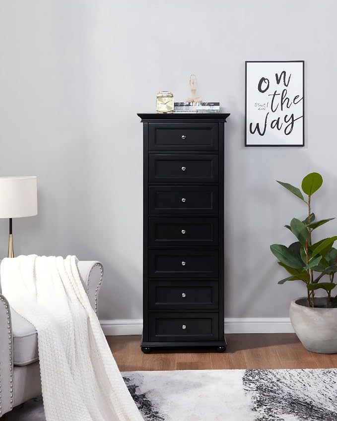 Tall Skinny Dresser for Bedroom with 7 Drawers, Black Narrow Wood Dresser | Tall Vertical Chest of Drawers Dresser for Closet Storage, Silent Glide System, Zinc Alloy Knobs, 20" W x 16.5" D x 52" H