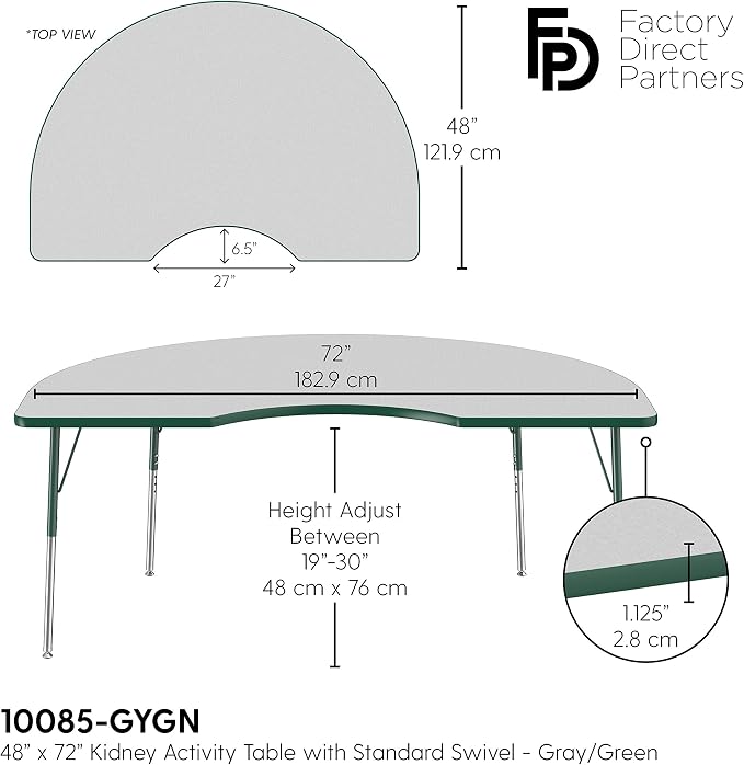 FDP Kidney Activity School and Office Table (48 x 72 inch), Standard Legs with Swivel Glides for Collaborative Seating Environments, Adjustable Height 19-30 inches - Gray Top and Green Edge