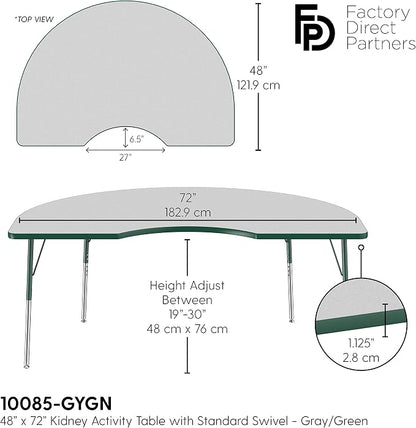 FDP Kidney Activity School and Office Table (48 x 72 inch), Standard Legs with Swivel Glides for Collaborative Seating Environments, Adjustable Height 19-30 inches - Gray Top and Green Edge